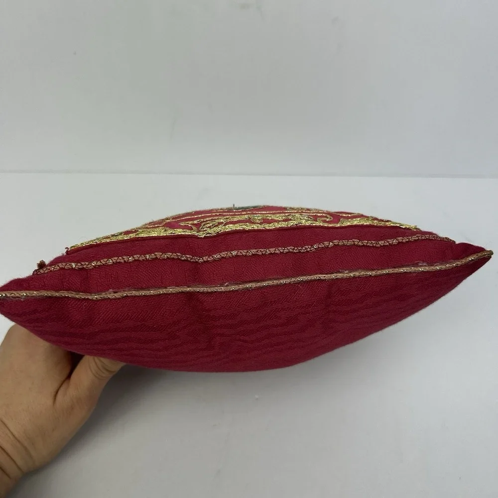 Vintage Red Silk Embroidered Chinese Phoenix Decorative Pillow Gold Thread Asian